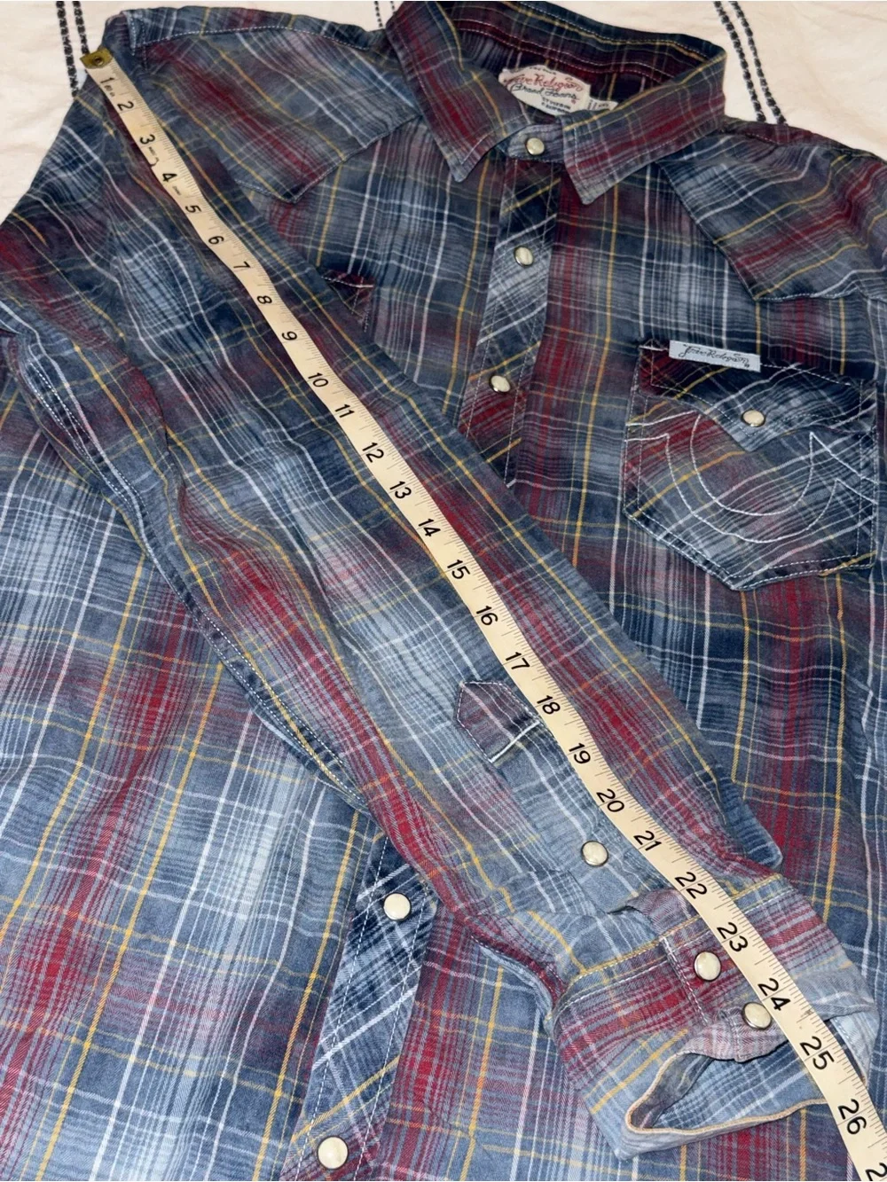 True Religion button-down shirt: plaid pattern: pearl button snaps: western